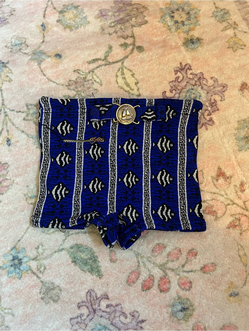 Vintage Blue Patterned Bike Shorts with Gold Nautical Button